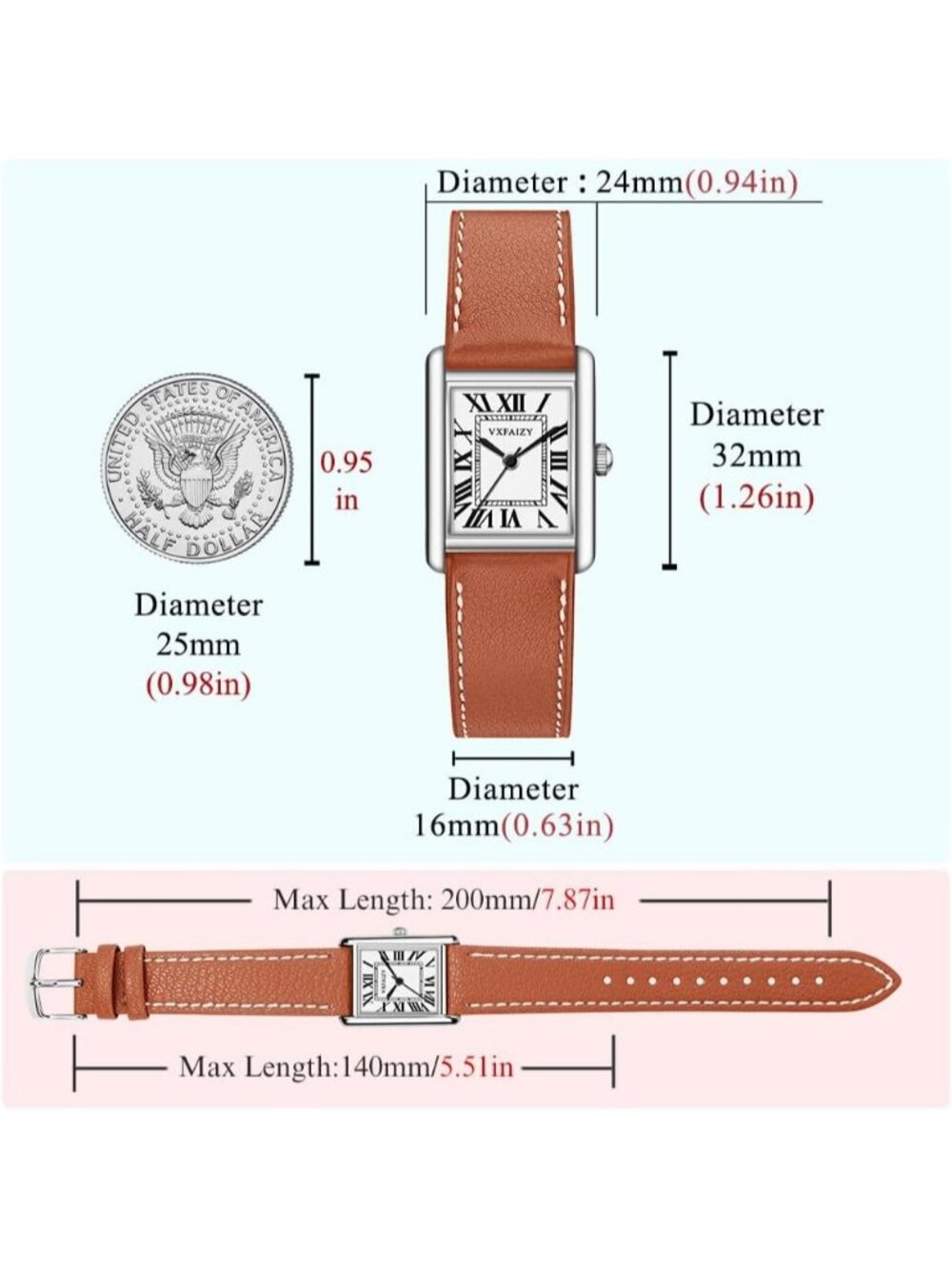 Women's Khaki Silver Vintage Roman Number Genuine Leather Strap Wrist Watches - Picture 6 of 6